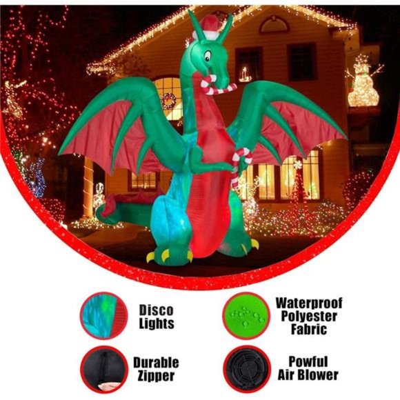 8ft Inflatable Christmas Dragon with Candy Disco LED Lighted Blow Up Decoration - Picture 3 of 6